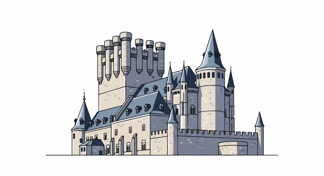 An illustrative depiction of a grand stone castle with multiple towers and pointed roofs