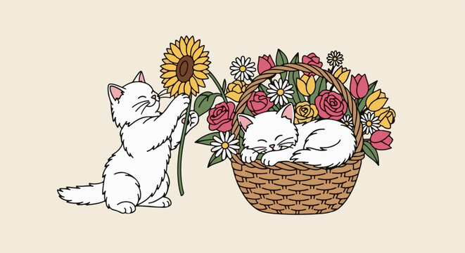 Two white cats, one playing with a sunflower, one sleeping in a flower basket