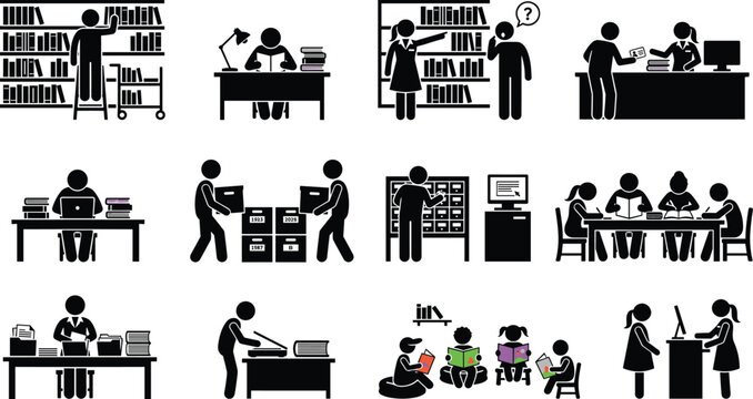 Library and information service silhouette icon set featuring book search reading cataloging research study and academic support