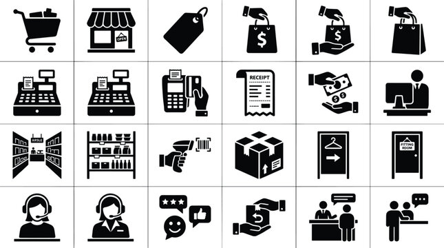 Retail shopping and payment silhouette icon set featuring checkout cashier barcode scanning store service returns and customer support