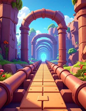 Whimsical railway with arched pipes and vibrant flora under a bright sky