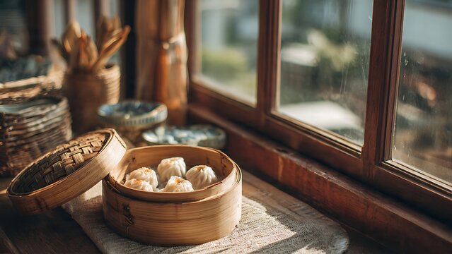 Steamed dumplings in bamboo steamer.