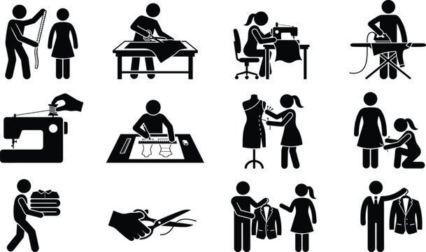 Tailoring and fashion design process silhouette set, sewing, cutting fabric, measuring, ironing, fitting clothes vector icon collection