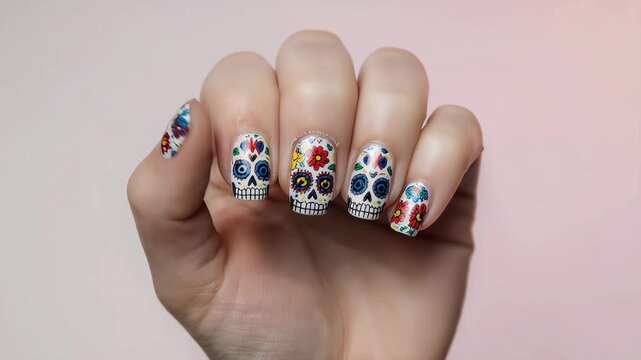 Hand with festive sugar skull nail art featuring colorful floral patterns, intricate black accents, and vibrant hues on a neutral background