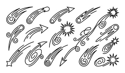 Elegant monoline shooting star and comet icons with dynamic motion trails in modern black outline vector set © MdMoymul