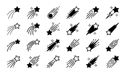 Minimal shooting star icon set with meteor and comet symbols in flat black style isolated on white background © MdMoymul