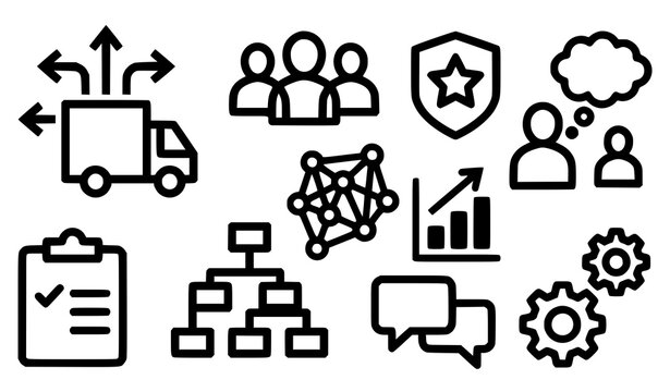 Bold consulting outline icon pack with logistics HR talent management leadership development and organizational culture vector