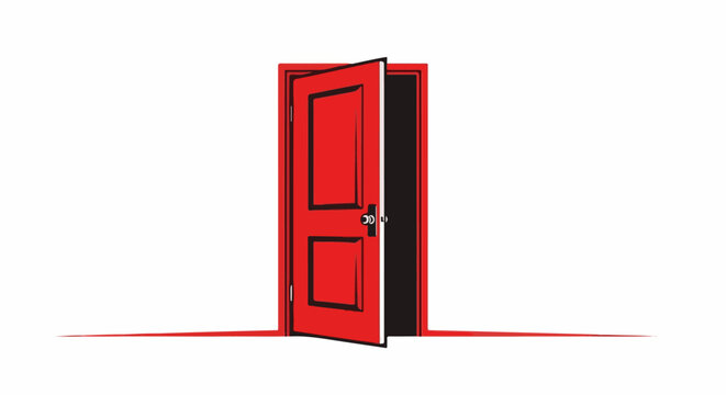 A vivid red door, slightly ajar, inviting entry into a dark space