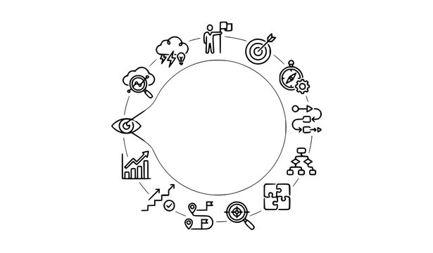 Modern monoline strategy icons in radial layout with leadership planning vision and problem solving concepts vector