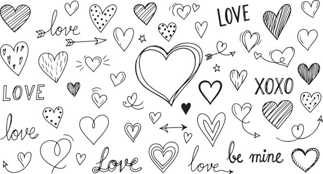 Hand drawn love hearts, Valentine's Day icons, cute XOXO illustrations, romantic doodles
