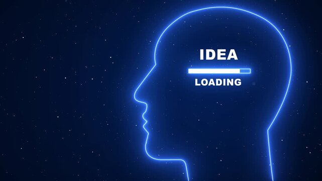 Human head profile with idea loading in mind. Business creativity and innovation concept. Creative thinking and innovation mind background. 4K video