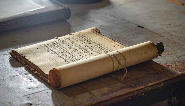 Ancient Hebrew Manuscript Fragment with Handwritten Biblical Text on Aged Parchment Scroll