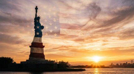 Fototapeta premium Iconic Statue of Liberty Silhouette Overlaid With American Flag During a Vibrant New York Sunset