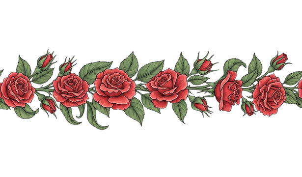 Seamless red rose floral border with green leaves hand drawn botanical garland vector illustration