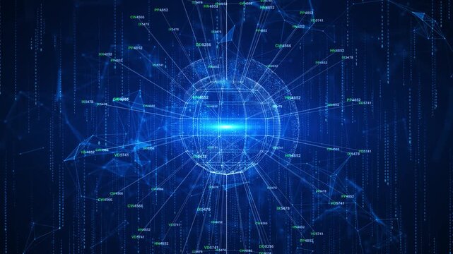 Blue digital globe network connecting binary streams, data labels, futuristic technology space. AI videos, cyber security intros, global analytics, network dashboards, science promos, digital overlays