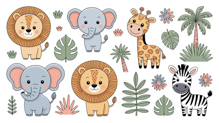  Sell Pricing Profile  All  Search  My Libraries  Free trial: Get 10 stock images, plus AI editing tools  Safari animals and vegetation collection with cute elements isolated on white, baby kids nurse © Md