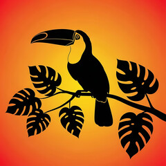 Fototapeta premium Tropical toucan silhouette on monstera branch, exotic bird illustration with sunset gradient background, jungle wildlife art for summer decor
