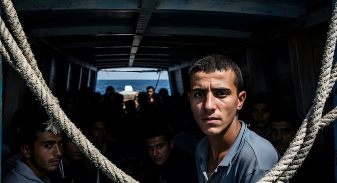 Group of men on a boat at sea, representing the global migration and refugee crisis. Emotional and cinematic documentary shot about hope, survival, and displacement.