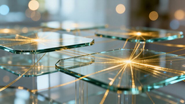 Glass panels with golden light connections