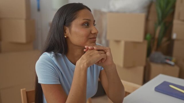 Woman with clasped hands under chin amid stacked moving boxes and a notebook on table in apartment dining area; fresh start calm.
