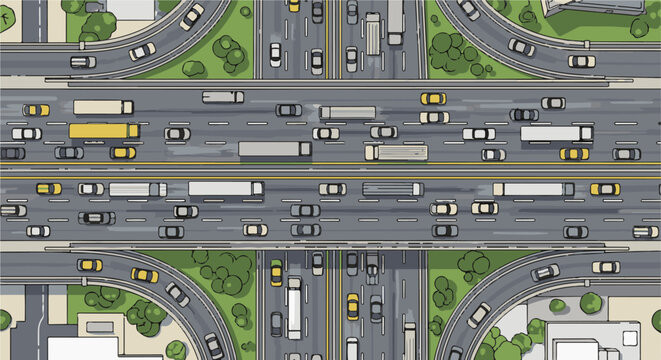 An aerial view of a busy, multi-lane highway with various vehicles