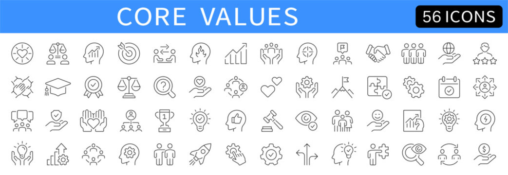 Core values thin line icons set. Editable stroke. Vector illustration