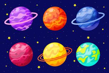 Set of space planets icons isolated on dark blue cosmic background. Abstract fantasy planets in purple, orange, pink, blue, yellow and green colours. Cartoon style. Flat design.Vector illustration.  © Anna