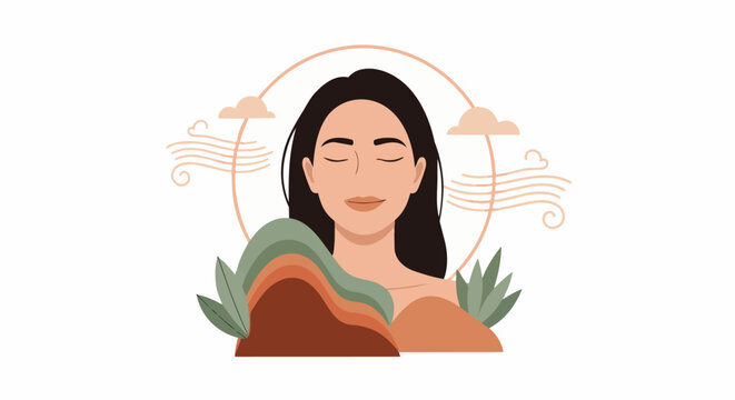 Woman Meditating Peaceful Mind Calm Nature Elements.