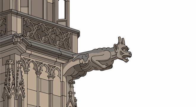 Gothic stone gargoyle attached to an ornate building facade on a white background