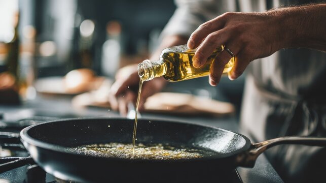 A chef pouring olive oil into a pan in a modern kitchen, capturing the essence of cooking and culinary artistry for food enthusiasts and professional chefs. Generative AI