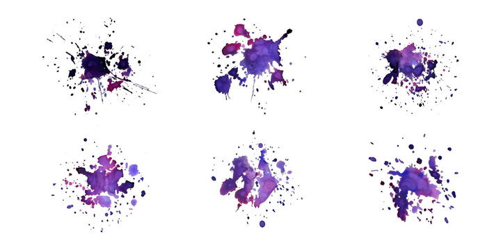 Violet realistic paint stroke collection isolated on transparent background.Violet decorative splashes set.Paint spray icon.Art decorations.Paint spot. Watercolour splash.Design element.Vector illustr