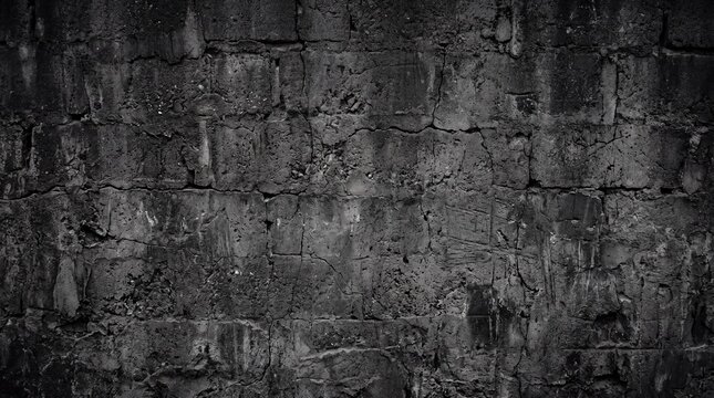 Dark Grungy Stone Brick Wall Texture with Weathered Surface and Distressed Charcoal Finish