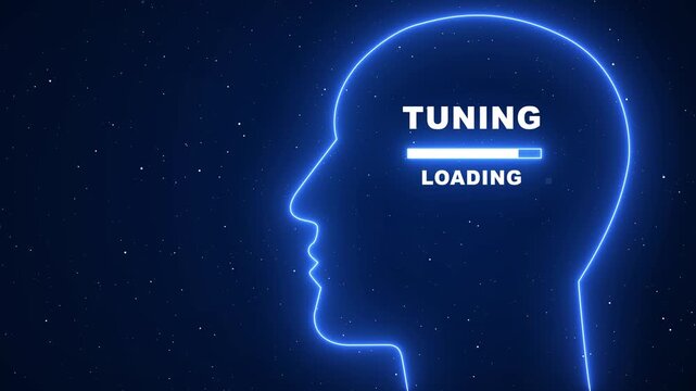 Futuristic human mind tuning loading concept with neon blue digital brain and technology background.