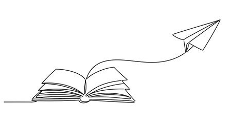 Continuous single line drawing of an open book with a paper airplane flying out of it representing imagination and creativity Vector, illustration © Nebaron