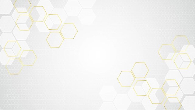 White gold hexagon tech background with clean honeycomb pattern, light geometric shapes, premium empty space. medical videos, science presentations, corporate slides, product promos, elegant overlays.