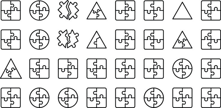 Collection of geometric puzzle icons featuring squares, circles, triangles, and abstract zigzag shapes with interlocking jigsaw patterns in outlined design