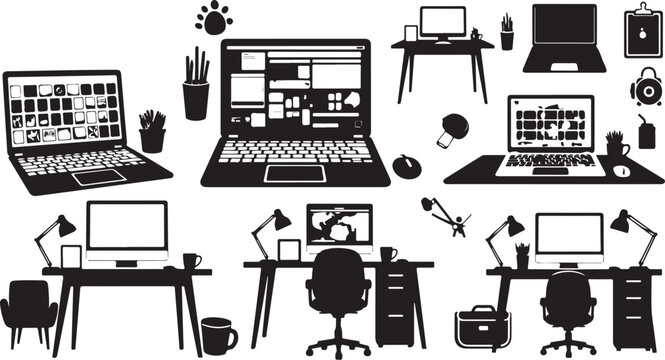 Desktop computer and office workspace icon set with computer