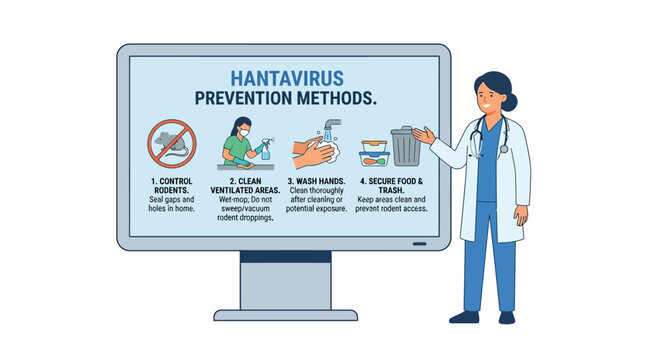 Healthcare professional illustrating crucial methods for Hantavirus prevention and public health safety guidelines on a large digital display