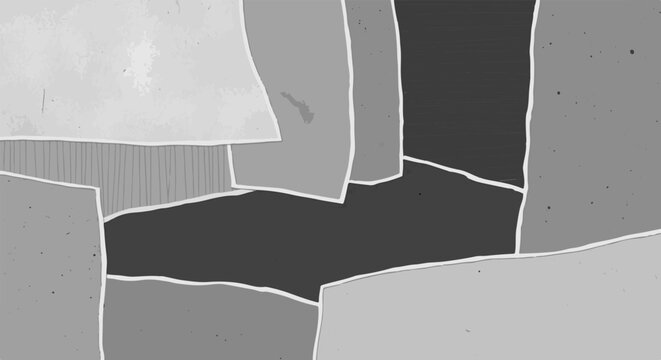 Abstract patchwork of gray shapes with textured and solid fills