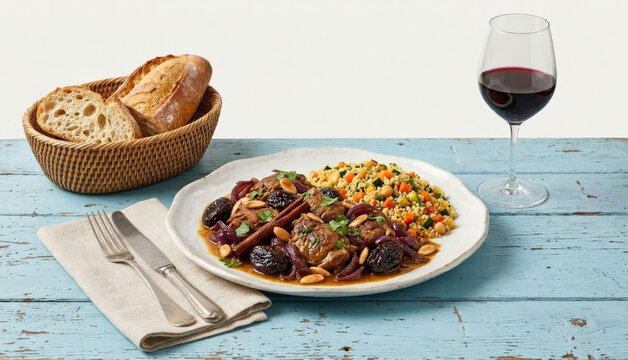 Lamb cooked with plums, cinnamon, and almonds, served with Moroccan couscous and red wine on a rustic wooden table