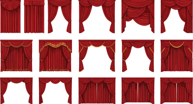 Collection of red stage curtain designs with varied draping styles, gold trim embellishments, and decorative theater performance inspired arrangements