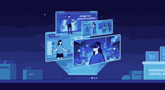 Digital screens display people shopping in virtual reality, interactive window browsing