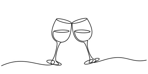 Continuous single line drawing of two wine glasses clinking together for a celebration toast Vector, illustration © Nebaron