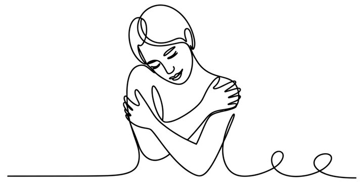 Continuous single line drawing of a happy woman hugging herself showing self love and care Vector, illustration