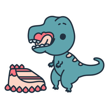 Birthday kawaii dinosaur eating a cake