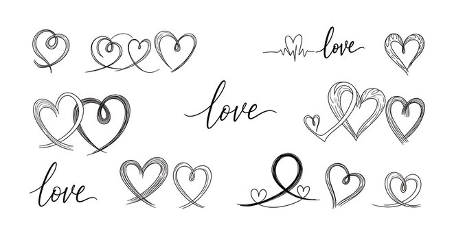 Collection of hand-drawn heart doodles and calligraphic love lettering
