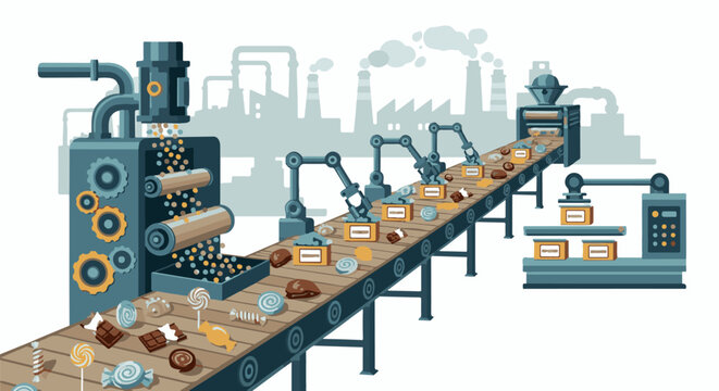 Automated conveyor belt assembling and packaging candies and chocolates in a factory