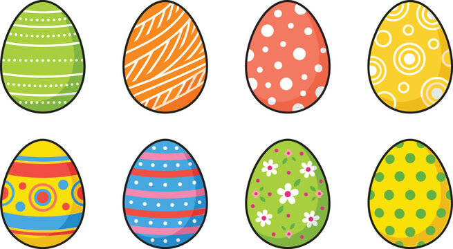 Colorful decorated Easter eggs with unique patterns, stripes, dots, and floral designs arranged in festive seasonal collection