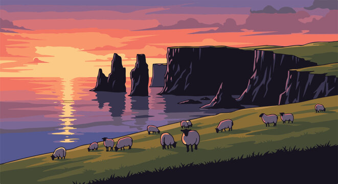 Pixelated coastal cliffs and sheep graze under a vibrant sunset sky