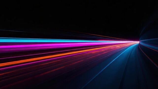 Dynamic colorful light streaks in blue pink purple orange converging to vanishing point in dark abstract high speed motion tunnel